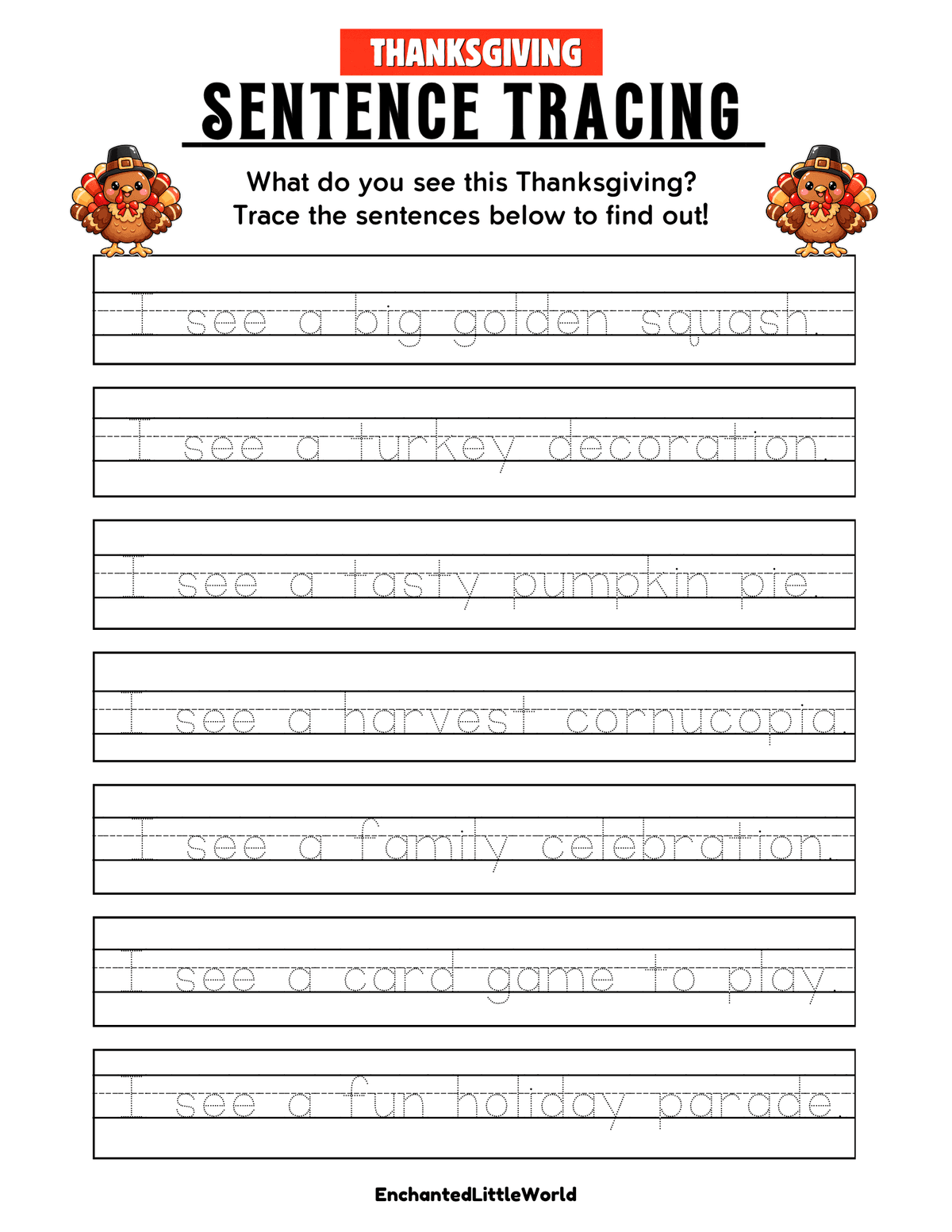 free-printable-thanksgiving-sentence-tracing-for-kids • Enchanted Little World Thanksgiving sentence tracing worksheet with seven festive sentences and handwriting guides