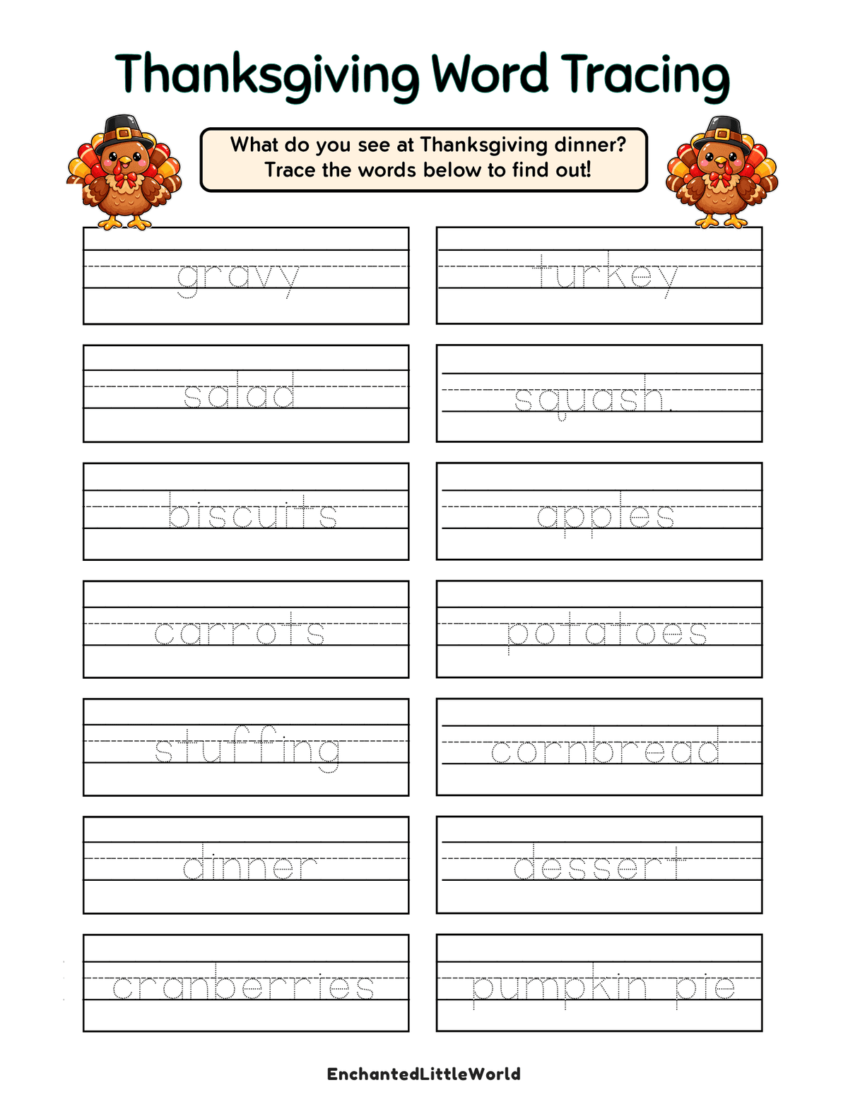 free-printable-thanksgiving-word-tracing-for-kids • Enchanted Little World Free hanksgiving word tracing worksheet with dotted fall food words like turkey, gravy, stuffing, apples, and pumpkin pie