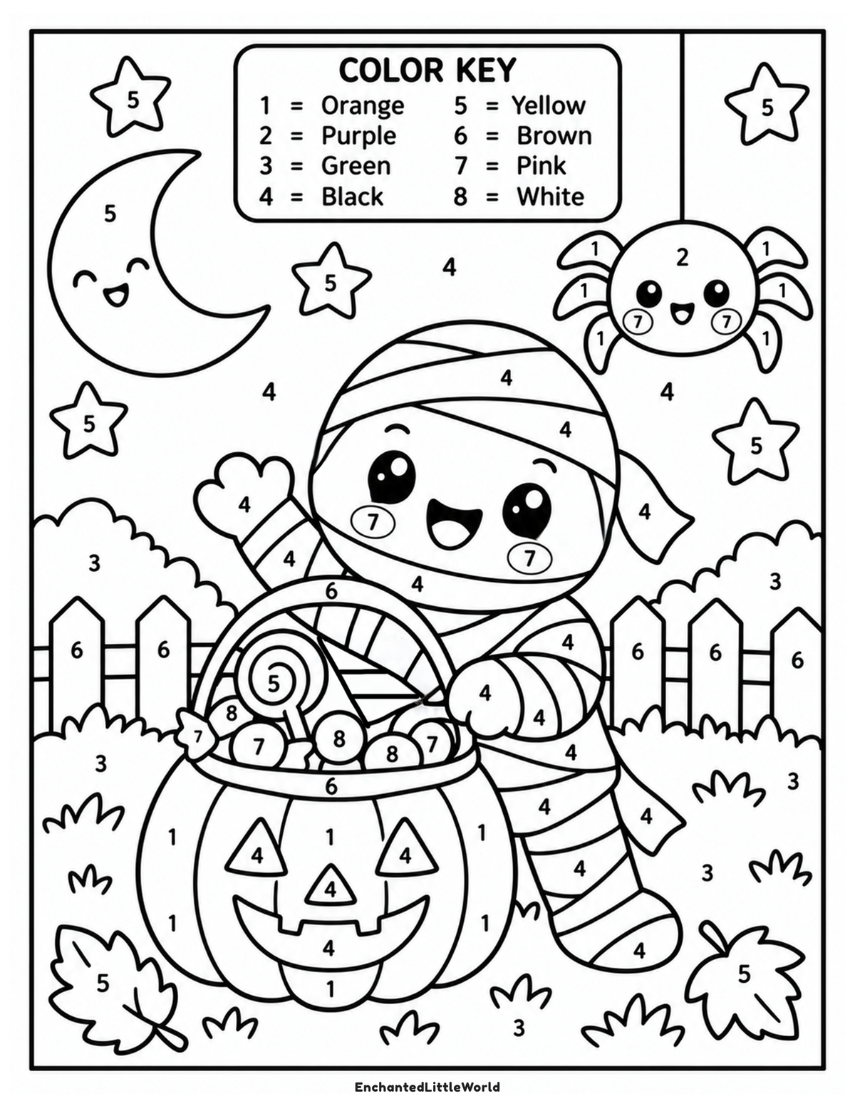 free-halloween-color-by-number-for-kids-12 β’ Enchanted Little World Color by number Halloween scene with a girl, moon, star, crab, and pumpkin in Enchanted Little World printable.