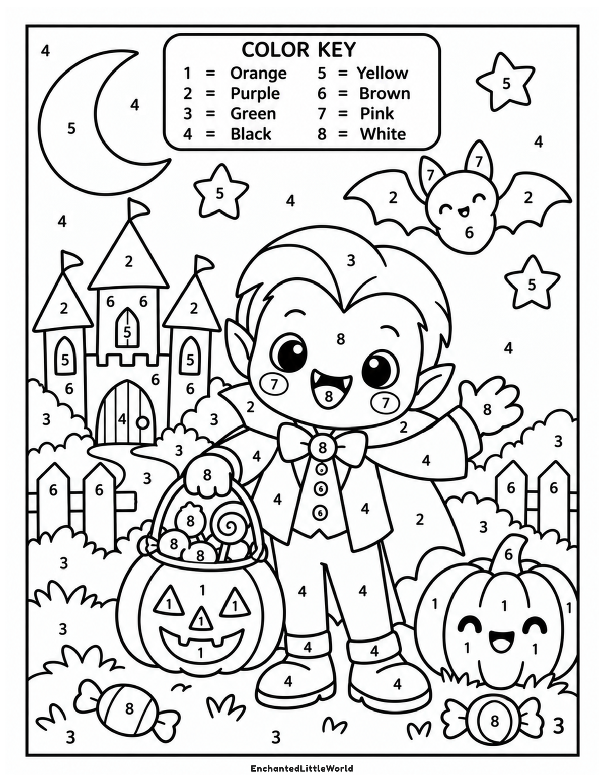 free-halloween-color-by-number-for-kids-14 β’ Enchanted Little World Color key and Halloween-themed illustration with a girl, pumpkins, and stars from Halloween coloring page.