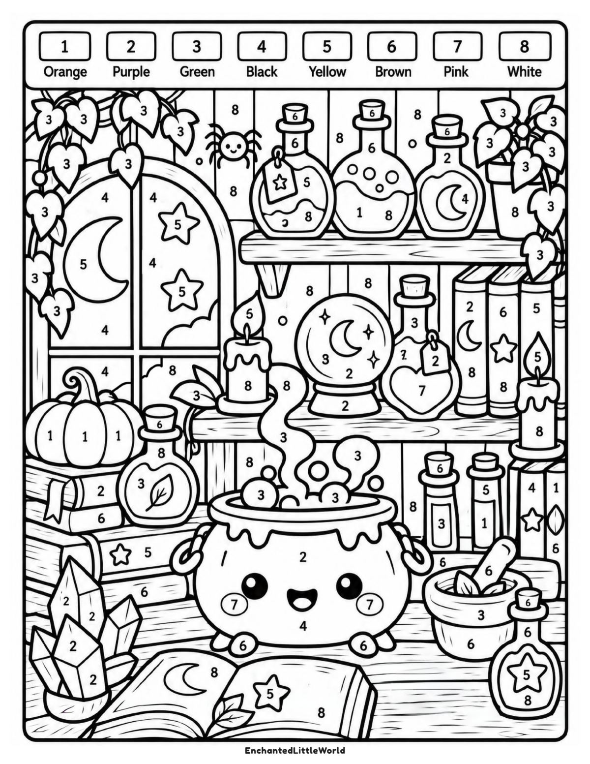 free-halloween-color-by-number-for-kids-9 β’ Enchanted Little World Color-by-number Halloween potion bottles and cauldron printable for kids.