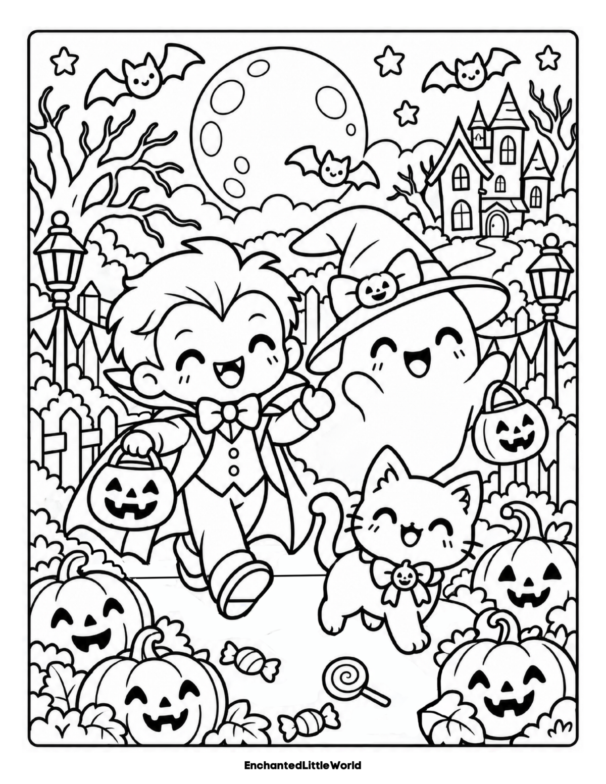 free-halloween-coloring-page-for-kids-17 • Enchanted Little World Halloween kids coloring page with children, a cat, pumpkins, bats, and a haunted house.