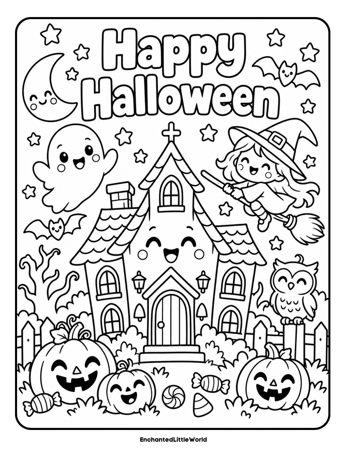 free-halloween-coloring-page-for-kids-18 • Enchanted Little World Halloween coloring page with a haunted house, pumpkins, a witch, and spooky characters.