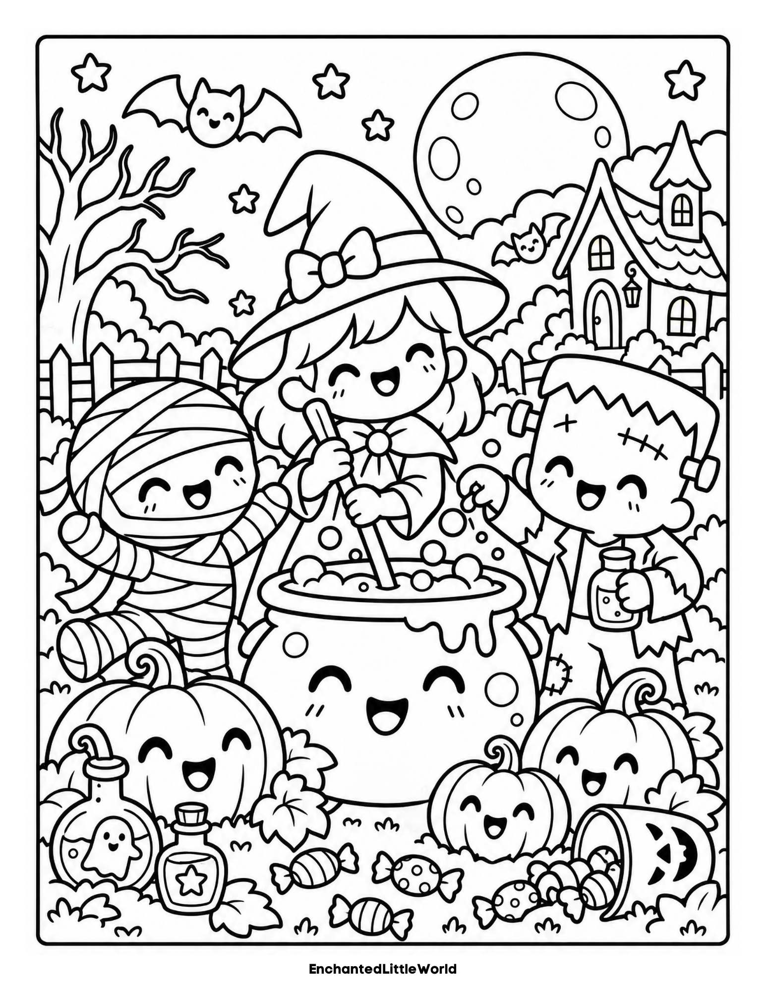 free-halloween-coloring-page-for-kids-19 β’ Enchanted Little World Coloring page showing smiling children in Halloween costumes among pumpkins, bats, and a spooky castle at night.