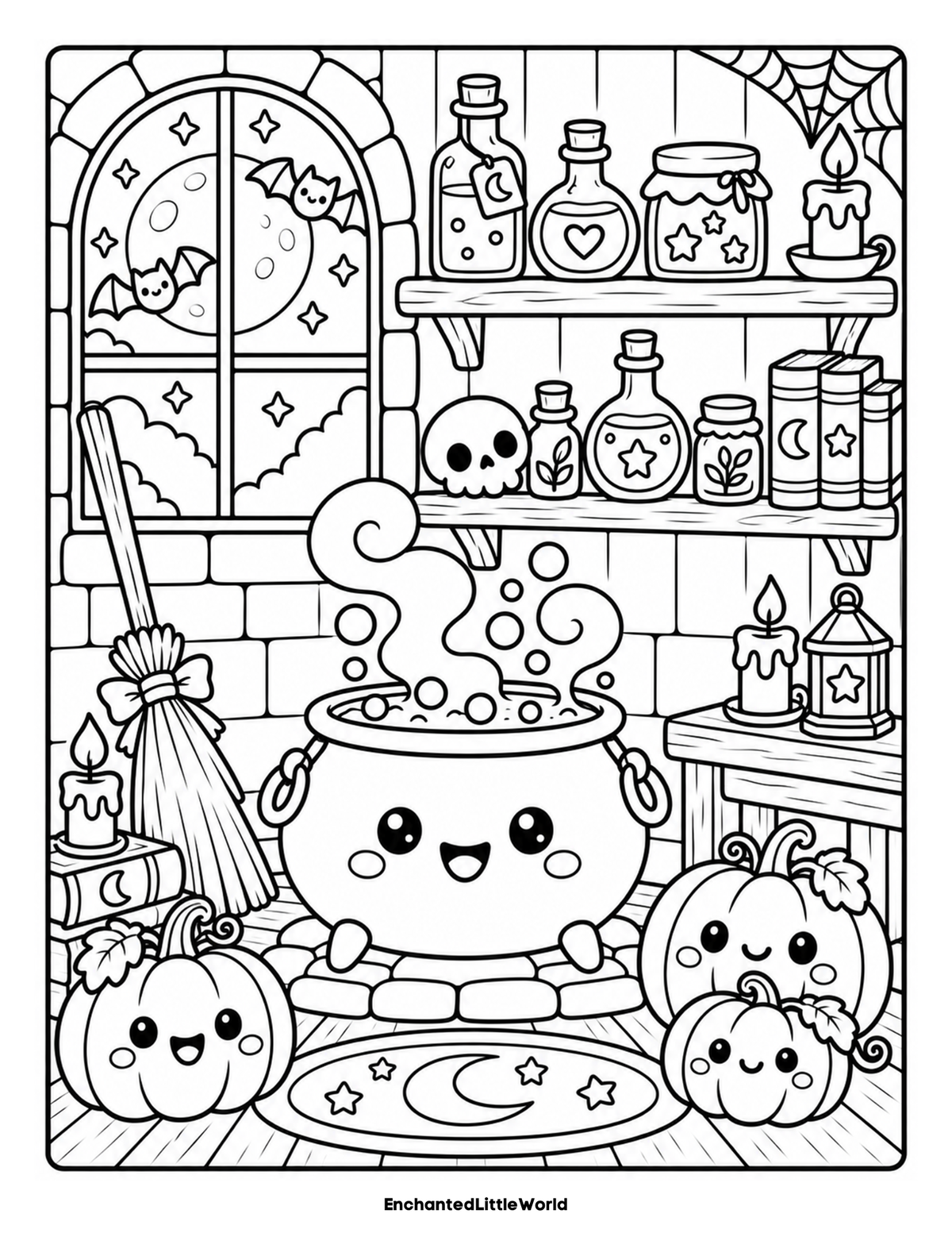 free-halloween-coloring-page-for-kids-22 β’ Enchanted Little World Coloring-page scene of a witch's kitchen: bubbling cauldron, pumpkins, jars, broom, candles, and a spiderweb with bats at a moonlit window.