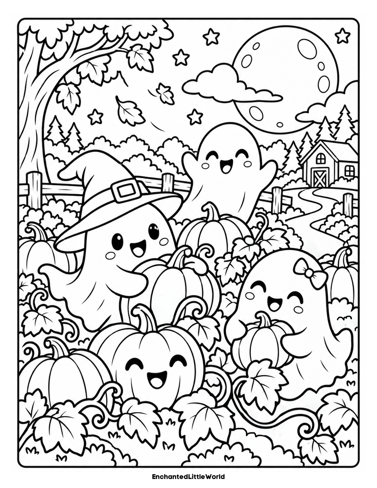 free-halloween-coloring-page-for-kids-23 β’ Enchanted Little World Halloween pumpkin and ghost coloring page with trees, moon, stars, and a house in the background.