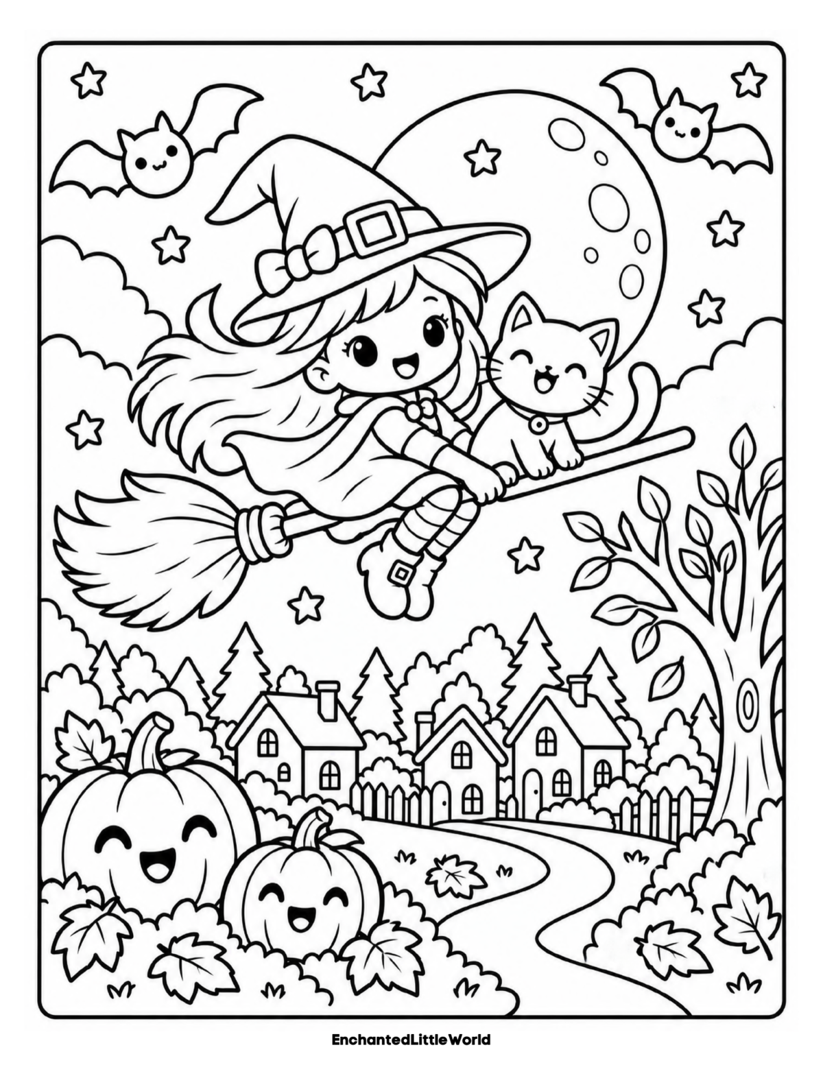 free-halloween-coloring-page-for-kids-24 β’ Enchanted Little World Coloring page of a witch and cat flying on a broomstick with pumpkins and bats in a Halloween scene.