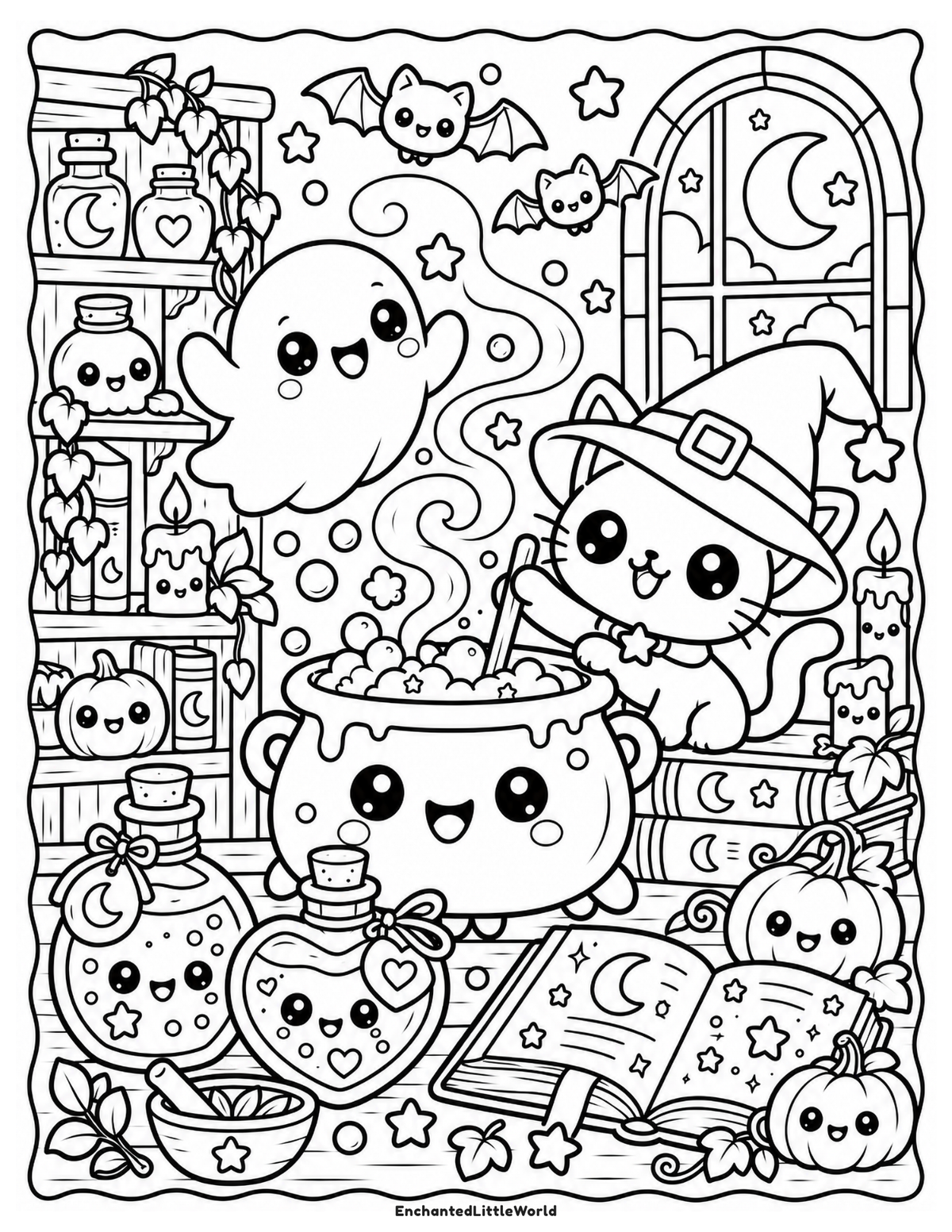 free-halloween-coloring-page-for-kids-29 • Enchanted Little World Coloring-page scene of a witch's kitchen: bubbling cauldron, pumpkins, jars, broom, candles, and a spiderweb with bats at a moonlit window.