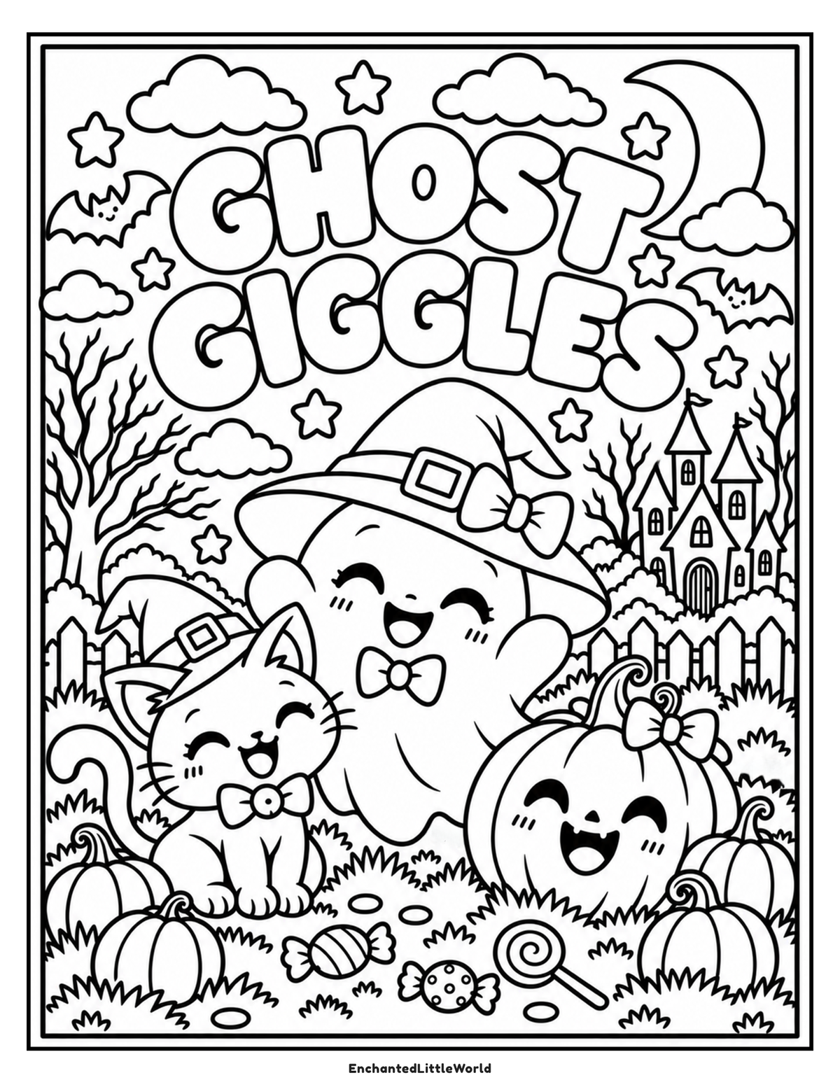 free-halloween-coloring-page-for-kids-32 • Enchanted Little World Ghost Giggles coloring page featuring a ghost in a witch hat with a cat and pumpkin in a spooky garden scene, title Ghost Gig.