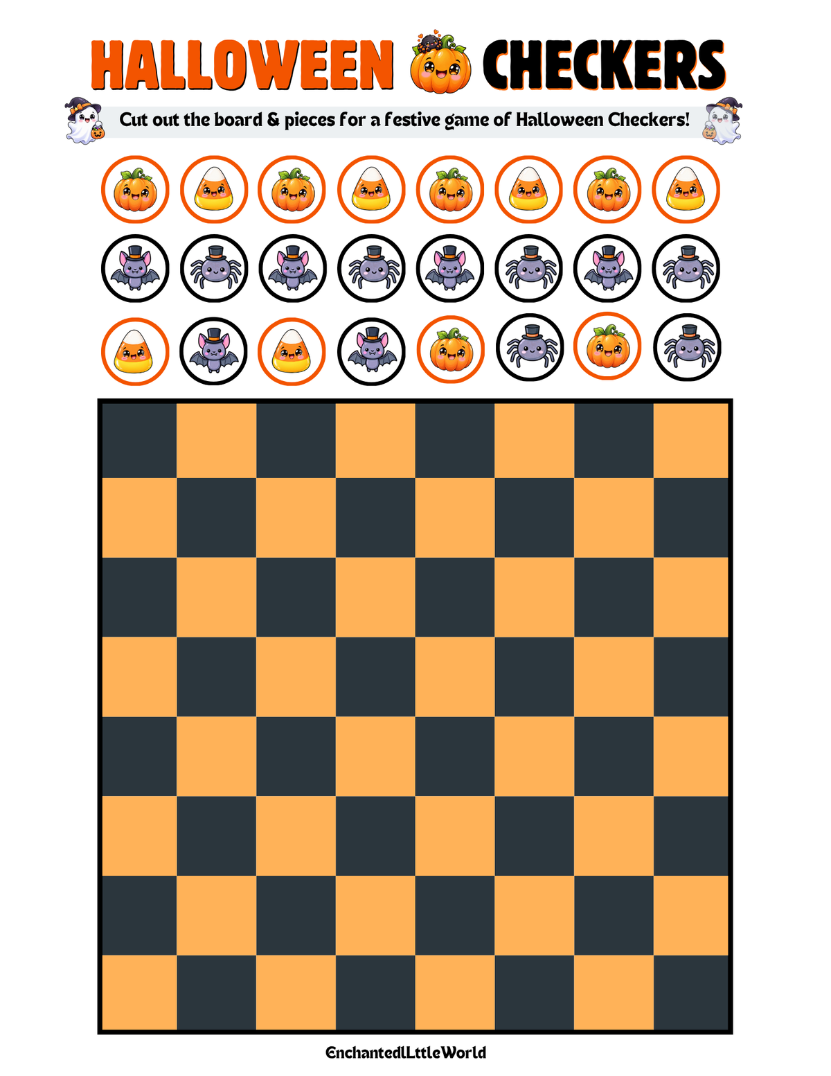 free-printable-halloween-checkers-for-kids β’ Enchanted Little World Halloween checkers printable with pumpkin and spider characters for a festive game.