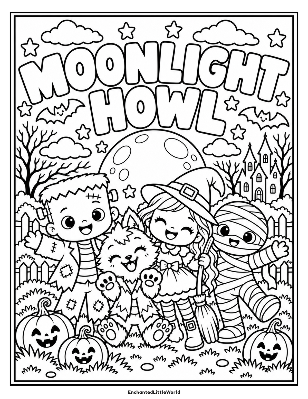 free-printable-halloween-coloring-page-for-kids-35 • Enchanted Little World Moonlight Howl coloring page with kids in Halloween costume in a spooky yard.