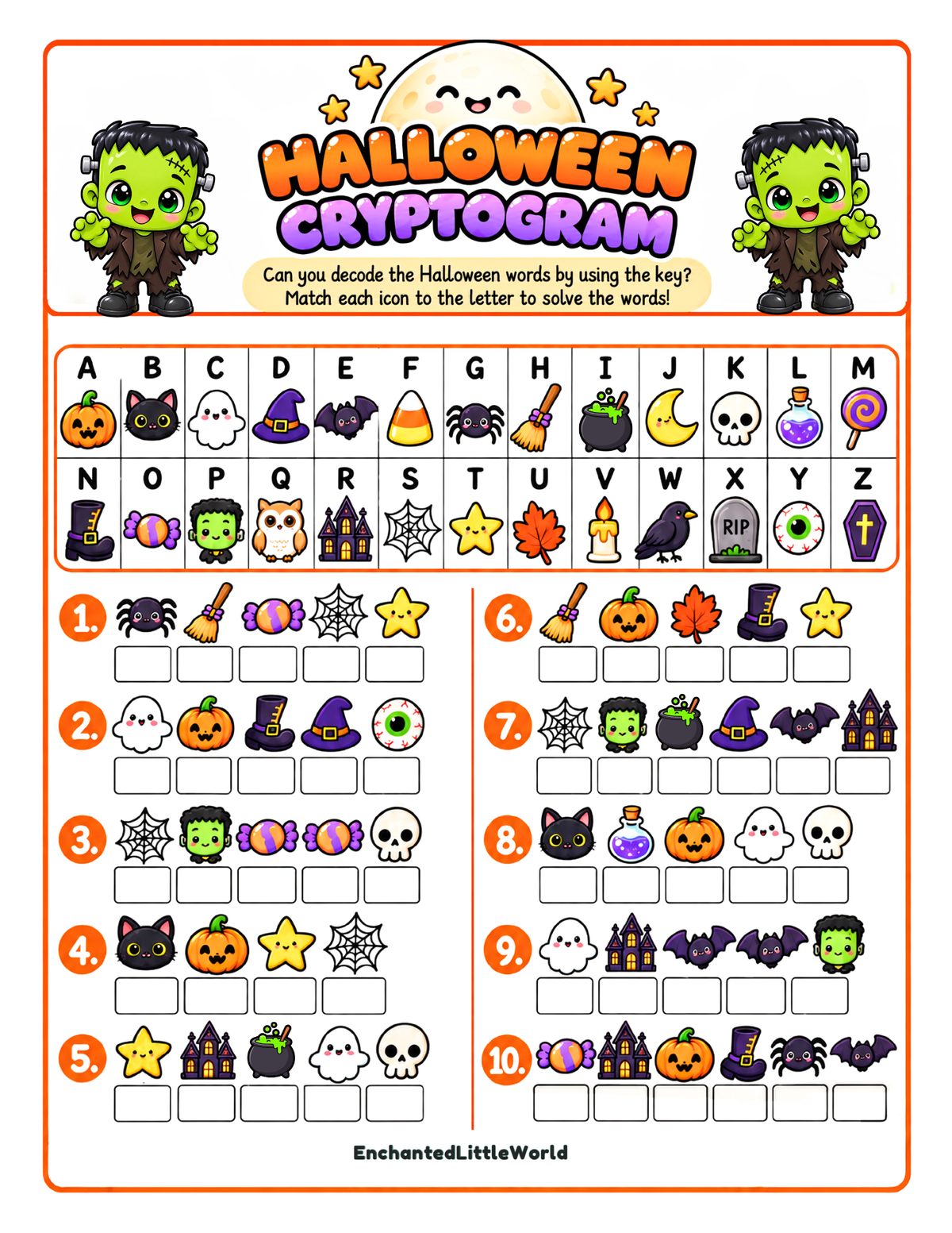 free-printable-halloween-cryptogram β’ Enchanted Little World Printable Halloween cryptogram worksheet with alphabet keys and numbered 1-10 tasks featuring pumpkins, ghosts, witches and m.