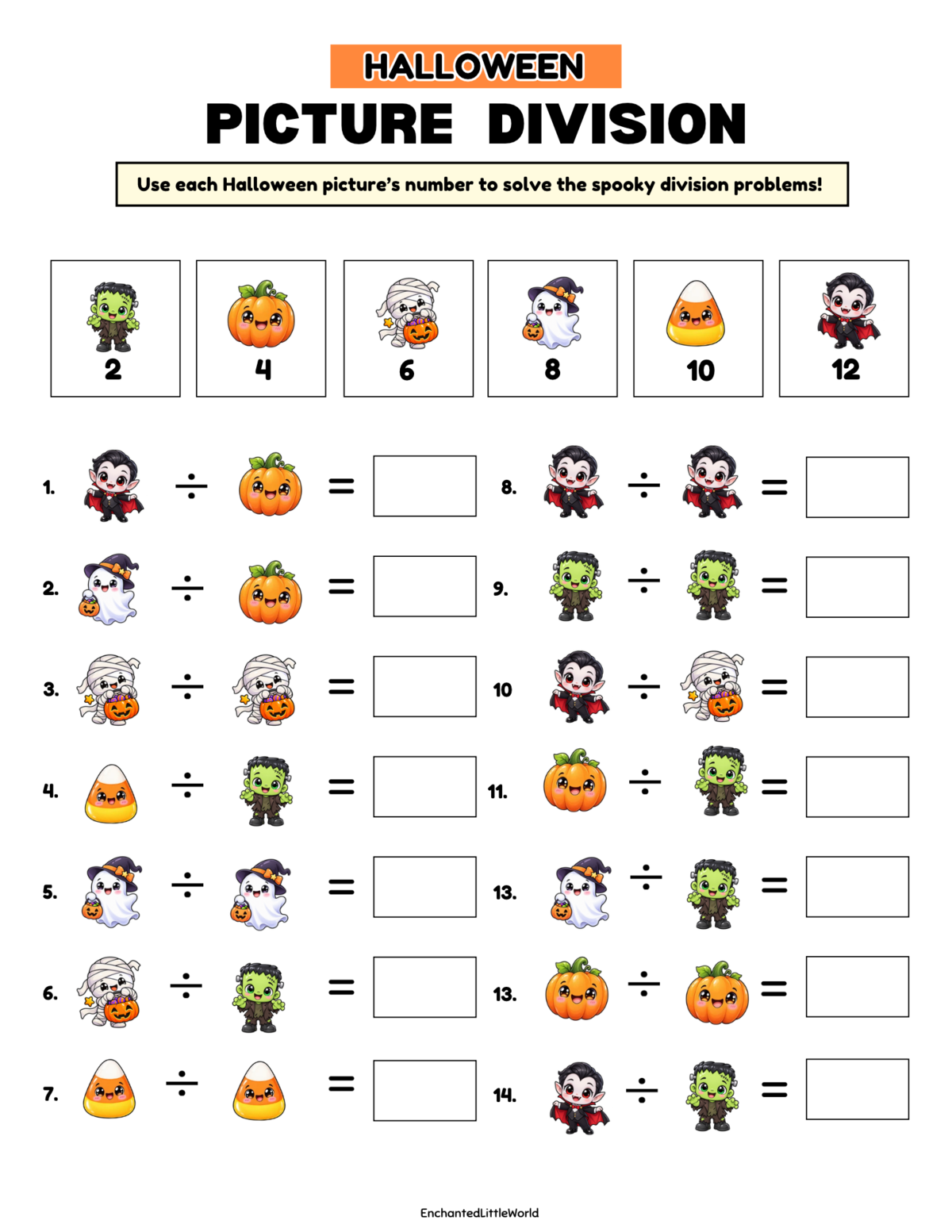 free-printable-halloween-division-worksheet-for-kids β’ Enchanted Little World Halloween Picture Division worksheet with numbered pumpkin and monster icons and division problems.