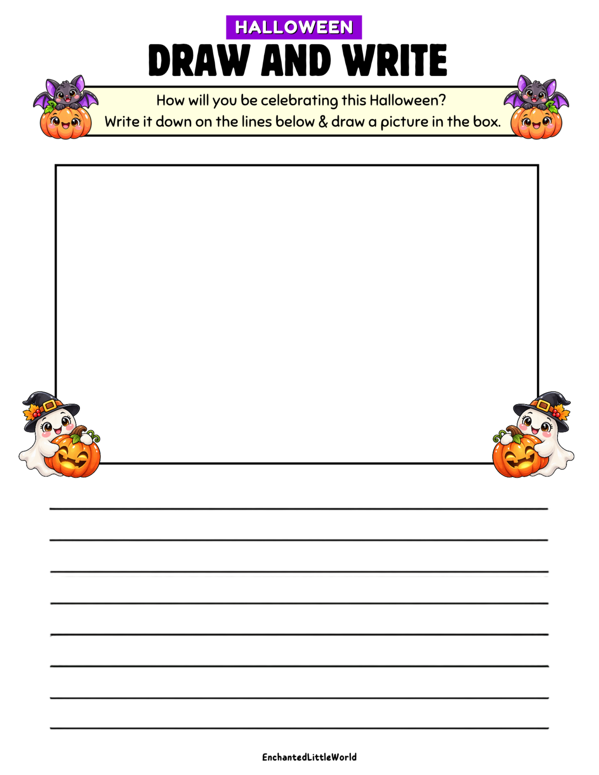 free-printable-halloween-draw-and-write-worksheet β’ Enchanted Little World Halloween draw and write printable: frame with lines for writing and a large drawing area.
