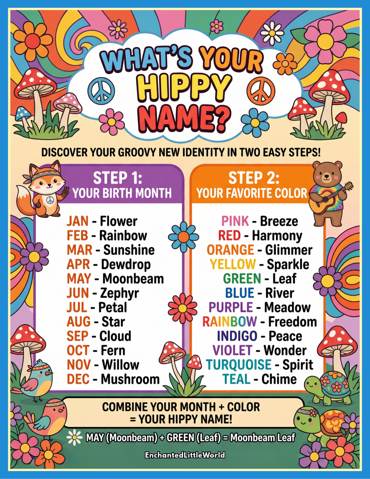free-printable-hippy-name-generator • Enchanted Little World Printable titled "What's Your Hippy Name?" with colorful flowers, mushrooms, and animals for kids.